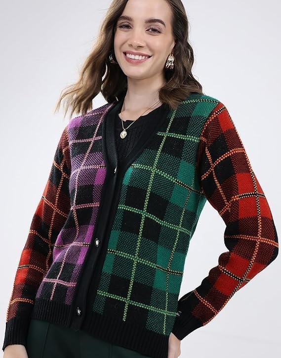 Women's Regular Fit Cardigan | Self Design Pattern | Button Closure with Full Sleeve V Neck Winter Cardigan for Womens - Image 2