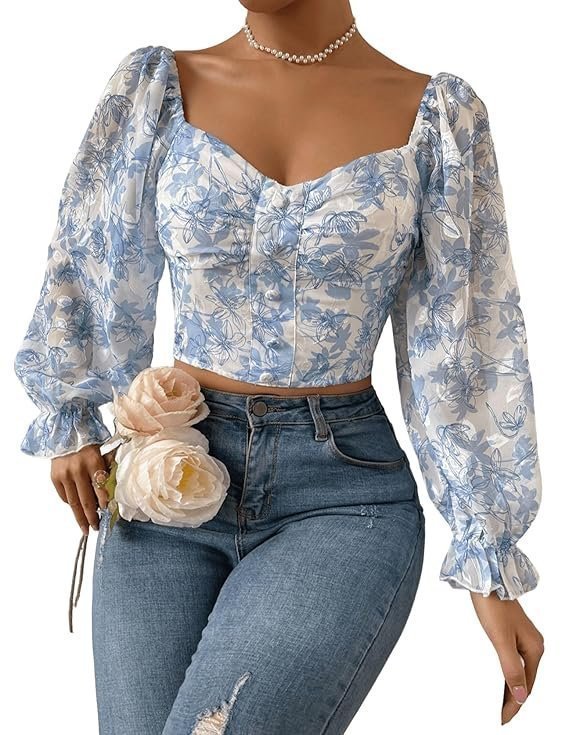 Women's Sweetheart Neck Bishop Sleeve Floral Print Crop Top