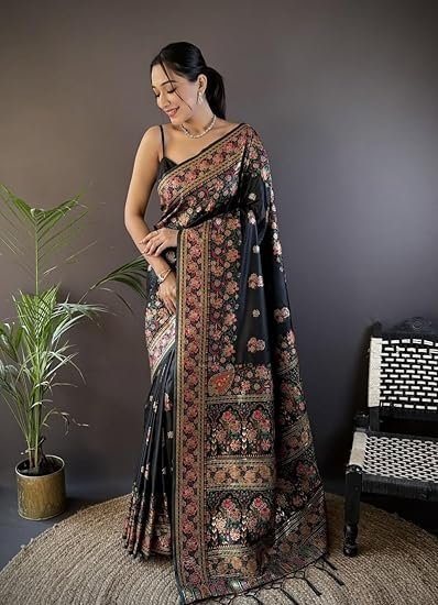 Kanchipattu Phasmina Silk Hand Work Pure Jari Wewing Original Kanjivaram Jacqurad Rajwadi Print Kalmkari Sarees With Blouses Piecs And Zalar - Image 3