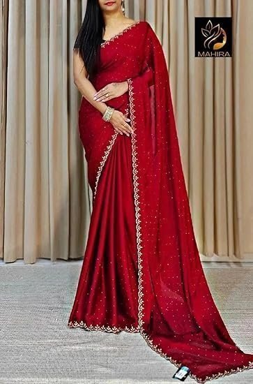 PURE SOFT SATIN CHIFFON FABRIC ON BEAUTIFUL ALL OVER SIROSKI WORK WITH CUT WORK BORDER IN SAREE - Image 3