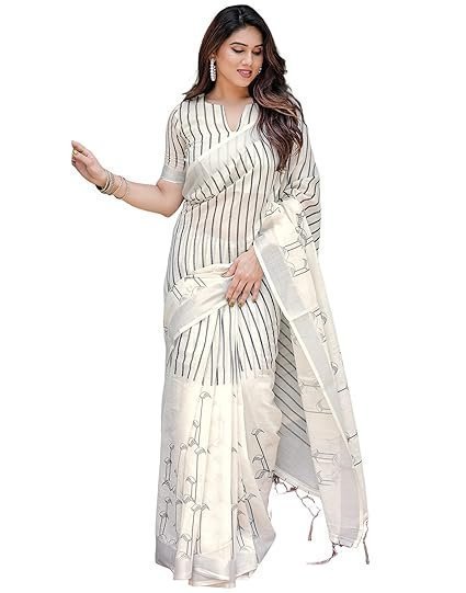 Cotton Linen Printed Saree with Unstitched Blouse Piece - Image 2