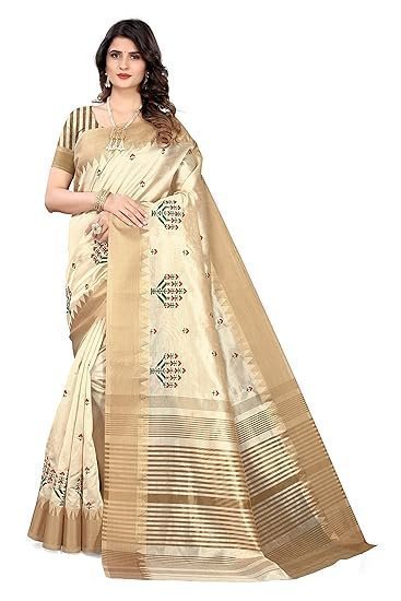 Women's Assam Cotton Silk With Golden Border Thread Embroidery Saree With Blouse Piece