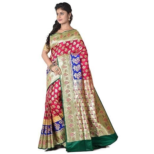 Pure Silk Minakari Banarasi Wedding Saree with bp (Pink, Blue) - Image 4