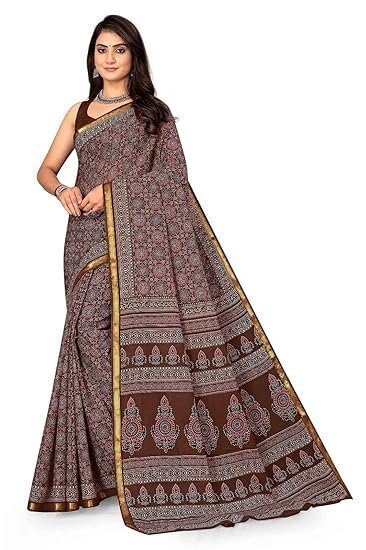 Printed cotton saree with unstitched blouse piece | Ajrakh Printed Saree | Pure Cotton Mul Mul Printed Saree | Zari Border with Blouse Piece | 100% Cotton Saree (Brown)
