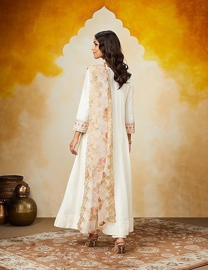 Women’s Premium Art Silk Off-White Embroidered Kurta Set with Matching Straight Pants and Elegant Dupatta – Festive & Party Wearr Ethnic Suit Ensemble - Image 5