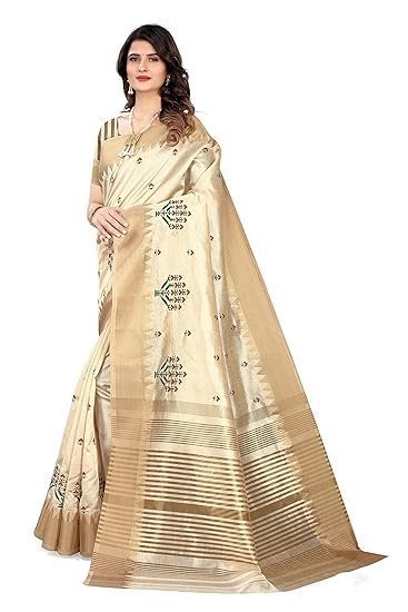 Women's Assam Cotton Silk With Golden Border Thread Embroidery Saree With Blouse Piece - Image 3