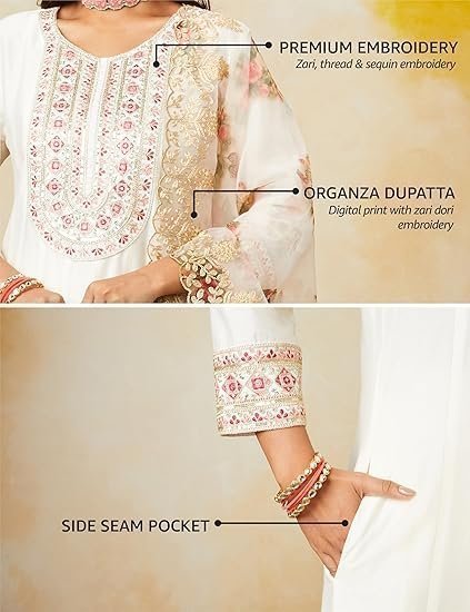 Women’s Premium Art Silk Off-White Embroidered Kurta Set with Matching Straight Pants and Elegant Dupatta – Festive & Party Wearr Ethnic Suit Ensemble - Image 4