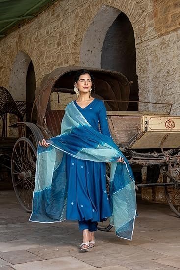 Women's blue color Cotton Kurta Pant Set with Dupatta - Image 4