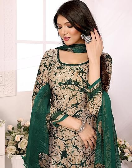 Printed Dress Material - Unstitched Crepe Fabric Kurti, Pants & Dupatta Set