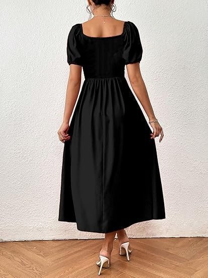 Puff Sleeve Sweetheart Neck Split Thigh A-Line Midi Dress - Image 4