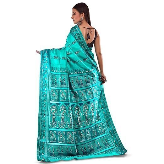 Bishnupuri Silk Meenakari Baluchari Swarnachari Bengal Saree Sea Green - Image 3
