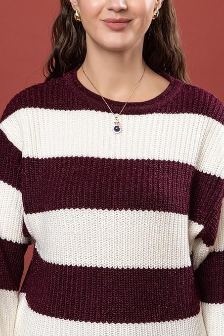 Women’s Woolen Striped Pullover Sweater | Full Sleeve Round Neck Winterwear | Cozy Warm Stylish Regular Fit Winter Sweater - Image 5