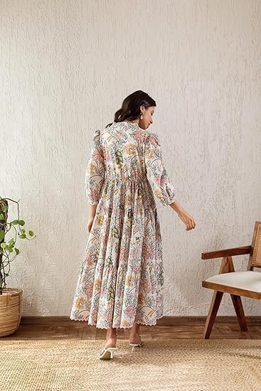 Women Rust V-Neck A-Line Dress with Bishop Sleeves, Gathered Details, Flared Hem - Casual Dress for Women, Calf Length - Stylish Dress - Comfortable Fashion - Image 3