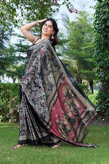 Plain Weave Chiffon Ethnic Motif Printed Saree with Blouse Piece - Image 3