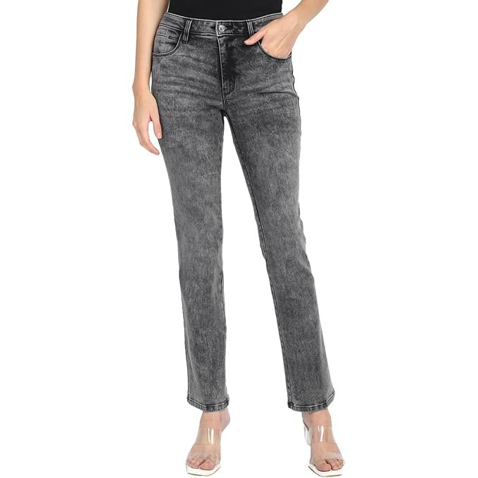 Women's Grey Cotton Blend Solid Regular Fit Jeans