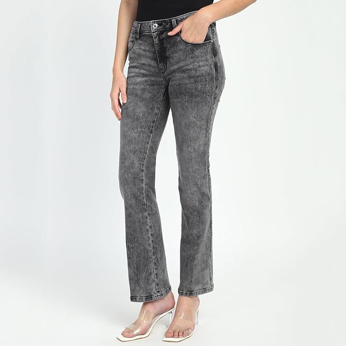 Women's Grey Cotton Blend Solid Regular Fit Jeans - Image 3
