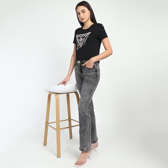 Women's Grey Cotton Blend Solid Regular Fit Jeans - Image 4