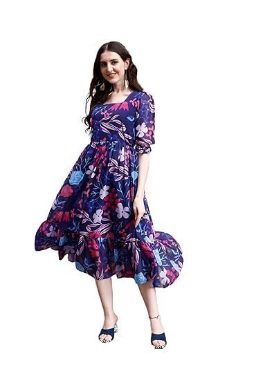 Women's Georgette Floral Printed Indo-Western Ethnic Gown || Half Sleeve V Neck Fit & Flare Flared Hem Design || Casual Wear A-Line Maxi Dress Blue - Image 5