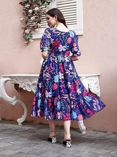 Women's Georgette Floral Printed Indo-Western Ethnic Gown || Half Sleeve V Neck Fit & Flare Flared Hem Design || Casual Wear A-Line Maxi Dress Blue - Image 3