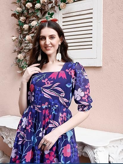 Women's Georgette Floral Printed Indo-Western Ethnic Gown || Half Sleeve V Neck Fit & Flare Flared Hem Design || Casual Wear A-Line Maxi Dress Blue