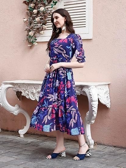 Women's Georgette Floral Printed Indo-Western Ethnic Gown || Half Sleeve V Neck Fit & Flare Flared Hem Design || Casual Wear A-Line Maxi Dress Blue - Image 2