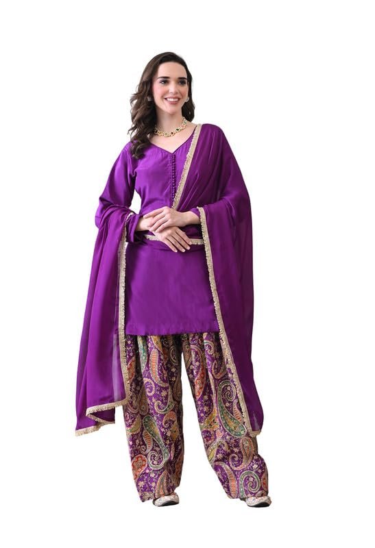 Women's Pure Crepe Red V-Neck Kurta with Vibrant Paisley Print Patiala Salwar & Dupatta Set - Image 3