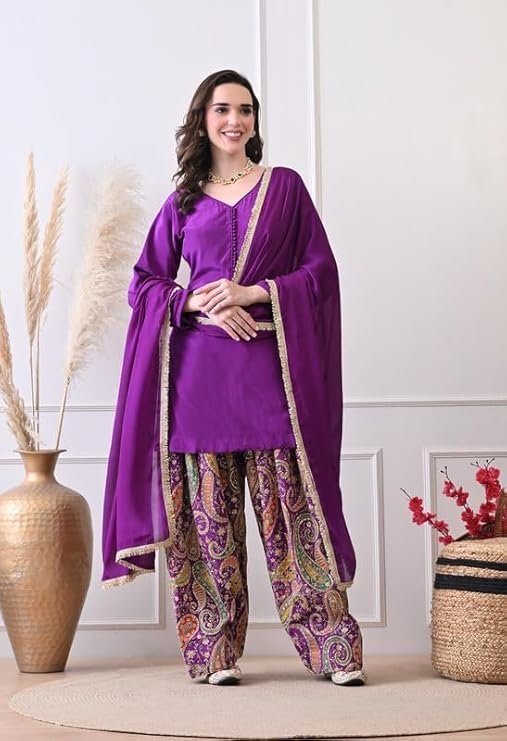 Women's Pure Crepe Red V-Neck Kurta with Vibrant Paisley Print Patiala Salwar & Dupatta Set