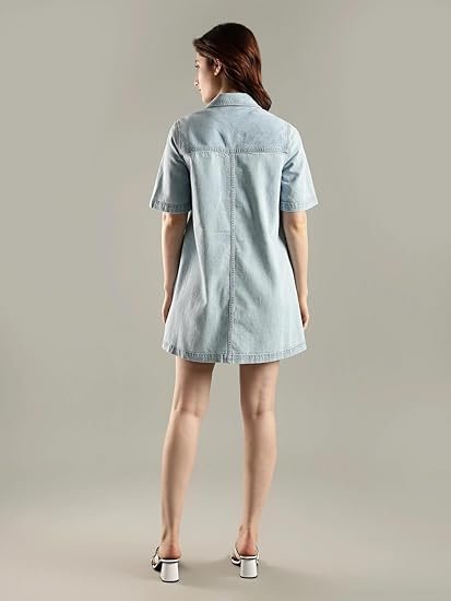 Cotton Spread Collar Denim Dress - Image 2