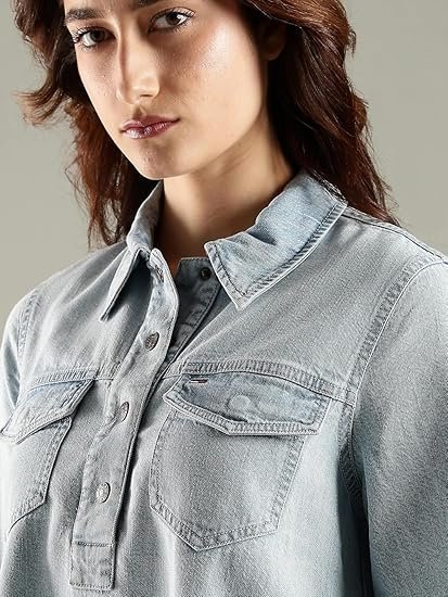 Cotton Spread Collar Denim Dress - Image 3