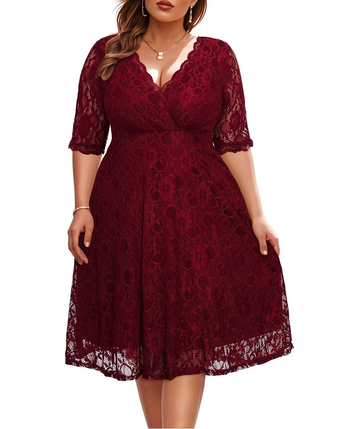 Women's Plus Size Wedding Guest Cocktail Party Semi Formal Lace Wrap V Neck Knee Length Dress