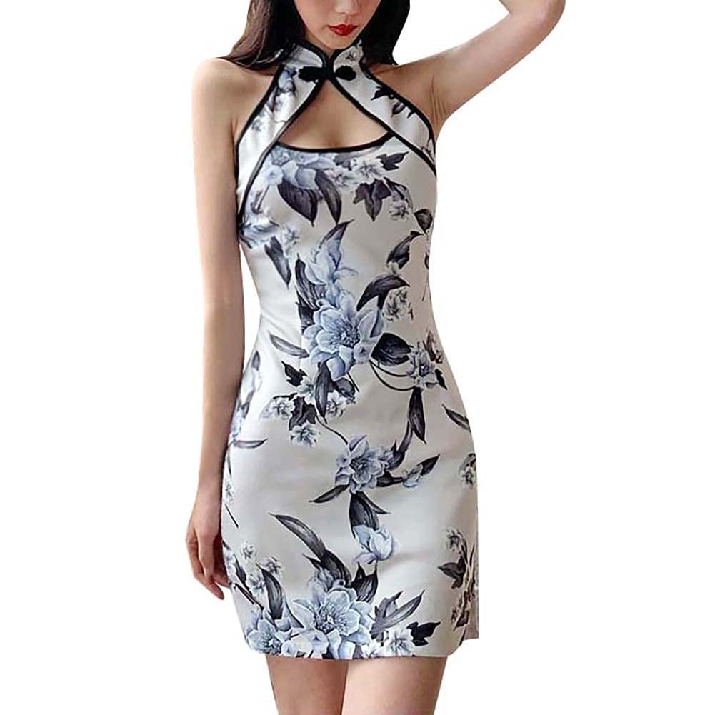 Women's Lace Floral Cheongsam Costume Vintage Short Sleeve Side Slit Midi Dress Fashion Chinese Tradtional Qipao Gowns