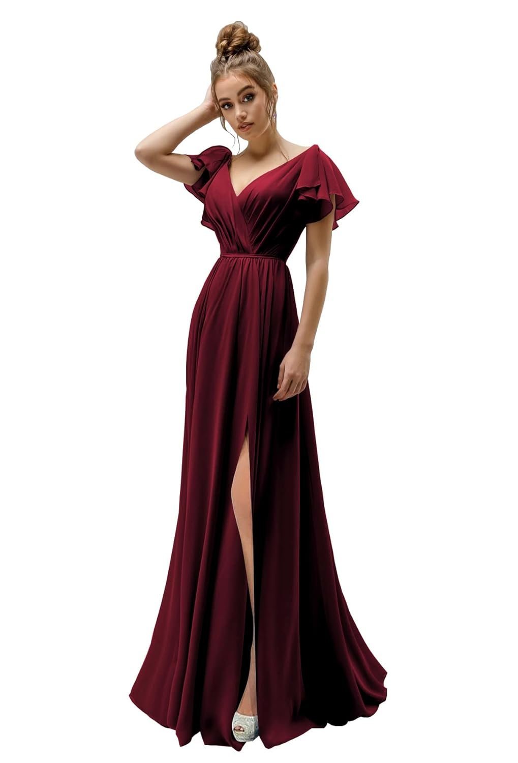 Women's V Neck A-Line Chiffon Bridesmaid Dresses for Wedding Ruffles Formal Evening Gown