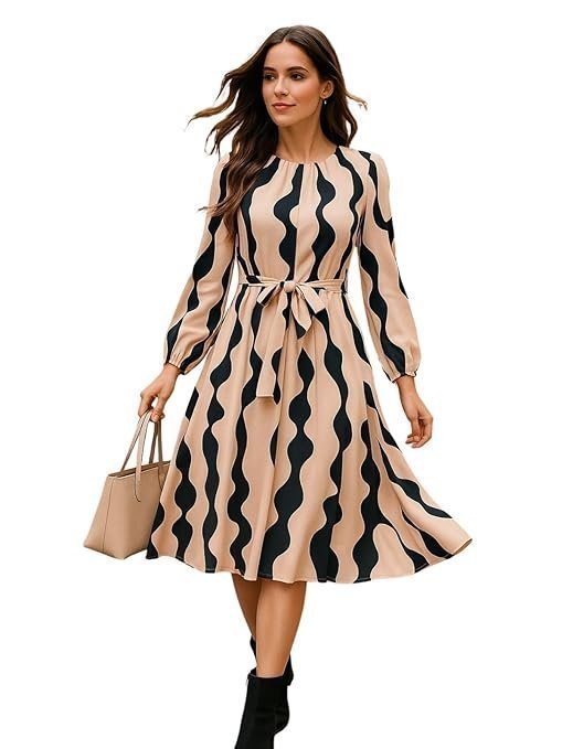 Women?s A-Line Midi Dress | Long Sleeve Belted Fit and Flare Gown | Elegant Printed Casual Outfit