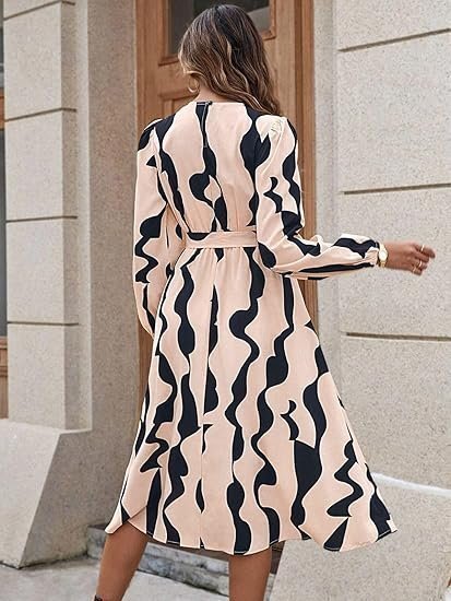 Women?s A-Line Midi Dress | Long Sleeve Belted Fit and Flare Gown | Elegant Printed Casual Outfit - Image 4