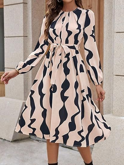 Women?s A-Line Midi Dress | Long Sleeve Belted Fit and Flare Gown | Elegant Printed Casual Outfit - Image 2